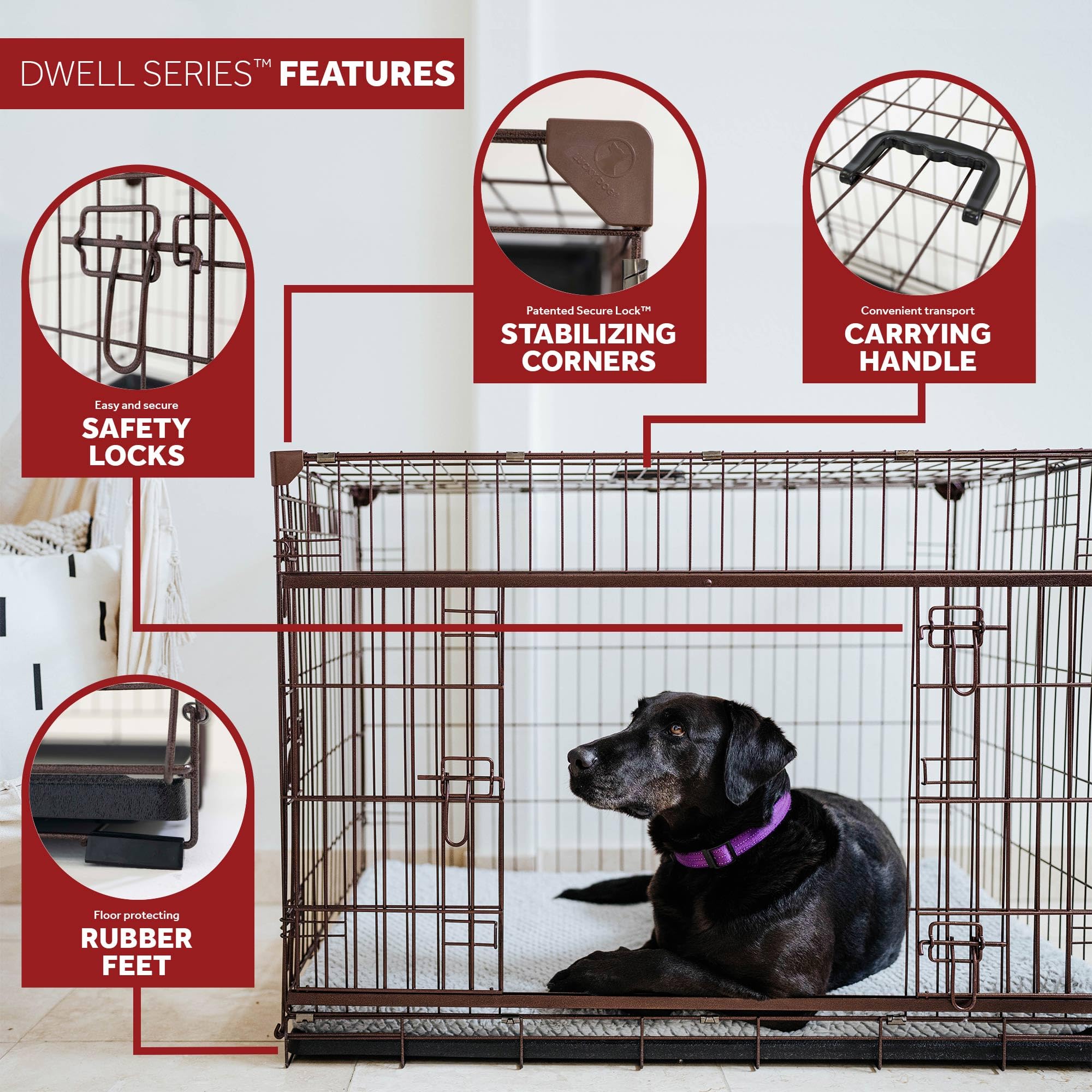 Lucky Dog Dwell Series 42 Inch Large Lightweight Kennel Secure Fenced Pet Dog Crate w/Divider Panels, Sliding Doors, and Removab